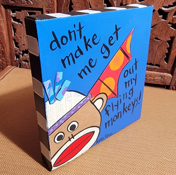 Susan Kline Original Painting With Sock Monkey, Flying Monkey, 6 in x 6 in - Picture 7 of 10